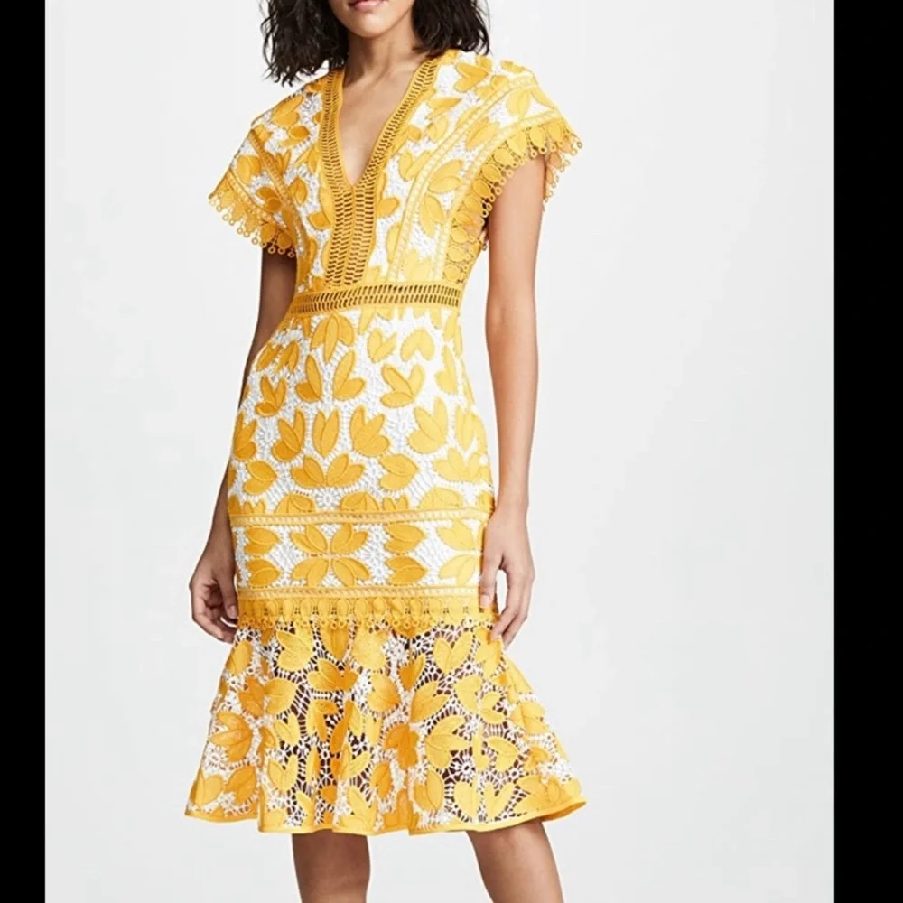 SAYLOR Yellow and White Embroidered Midi Dress - Picture 6 of 16